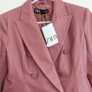 ZARA NEW WOMAN FAUX LEATHER DOUBLE-BREASTED BLAZER JACKET PINK MARSALA - SMALL